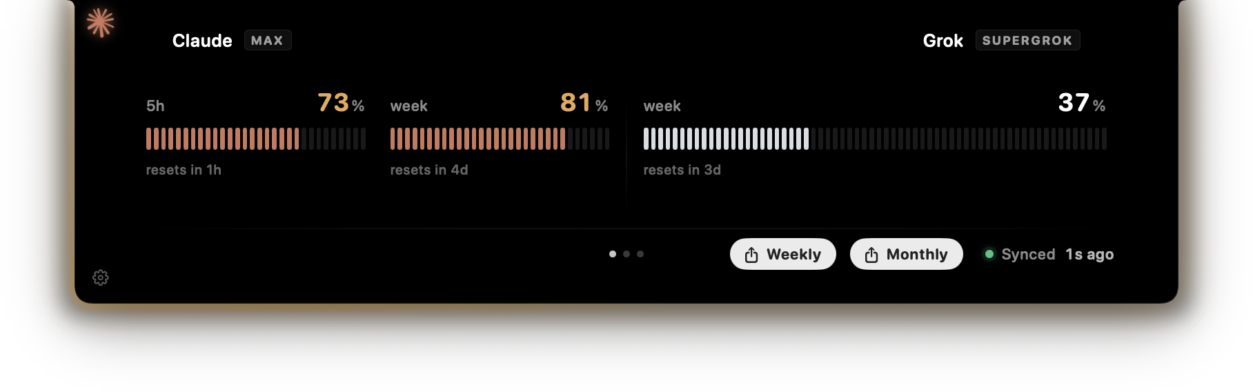 Agent Island usage panel showing provider usage and locally calculated activity