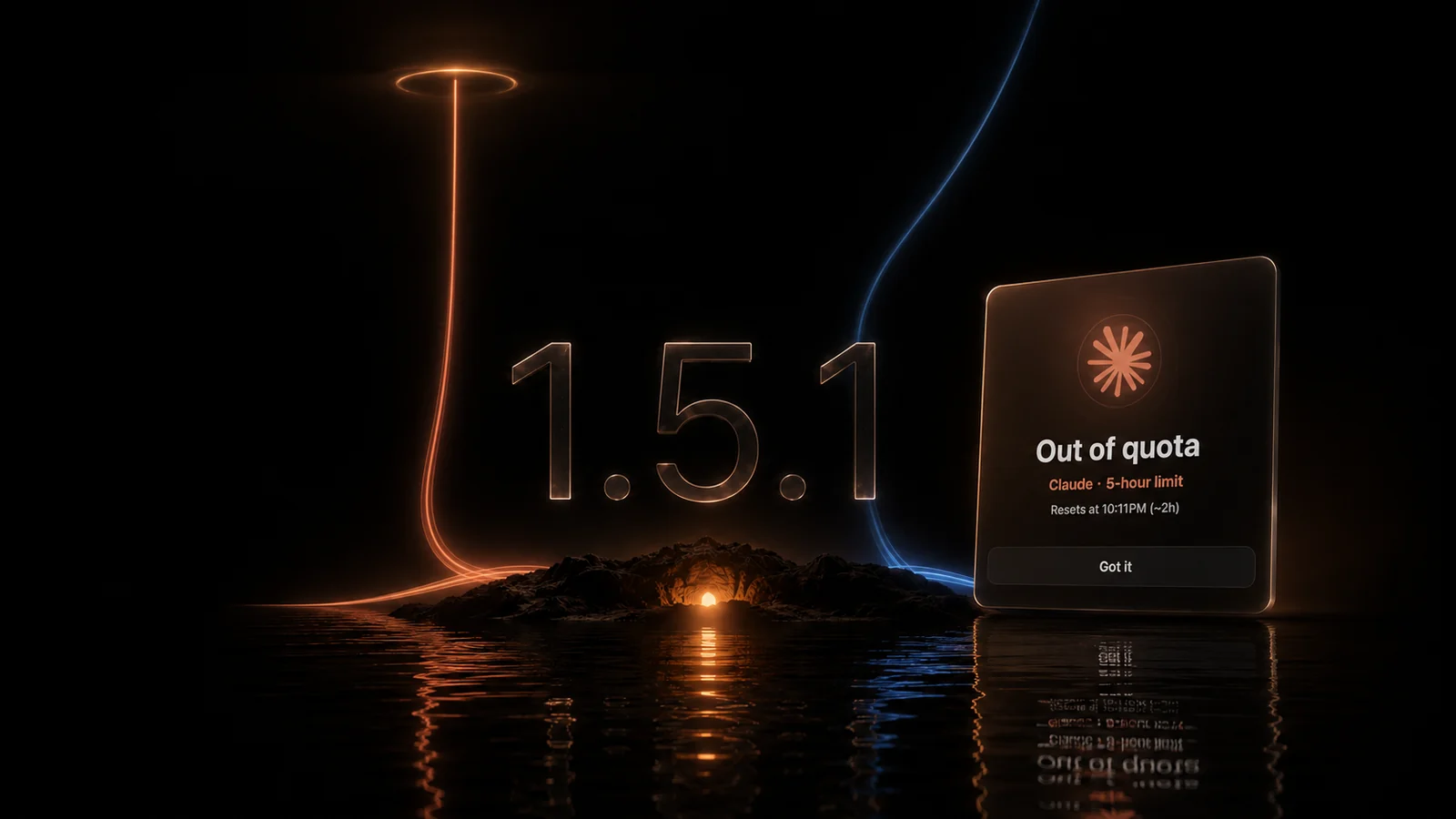 1.5.1 release poster: the full-screen alarm that fires the moment a quota window hits 100%
