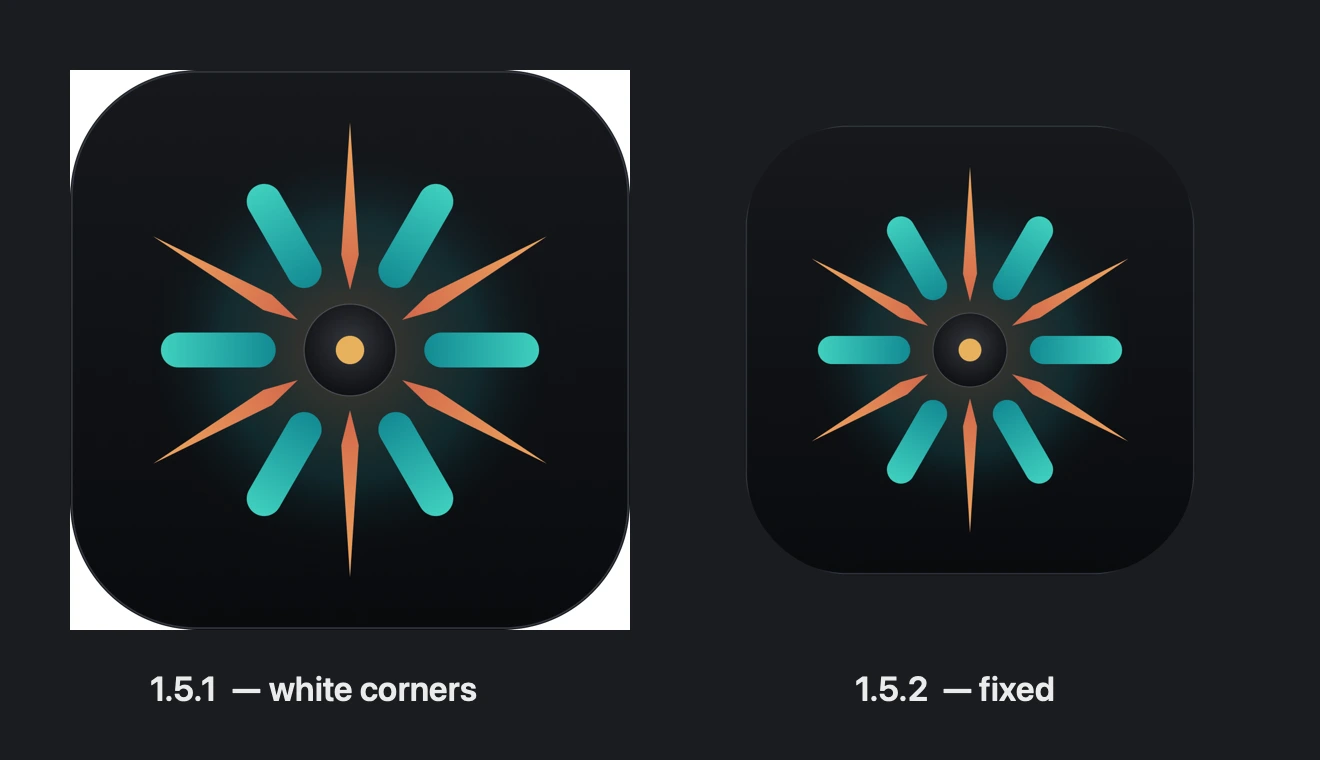 Agent Island app icon before and after the 1.5.2 transparent-margin fix