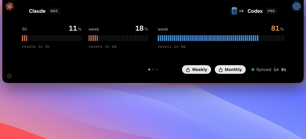 Agent Island macOS usage panel showing a single weekly quota window for Codex