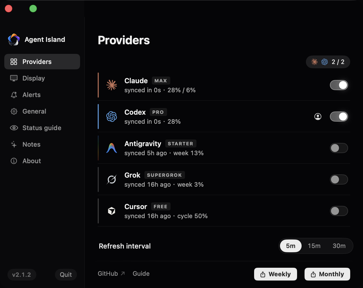 Agent Island 2.1.2 Providers settings listing Claude, Codex, Antigravity, Grok and Cursor