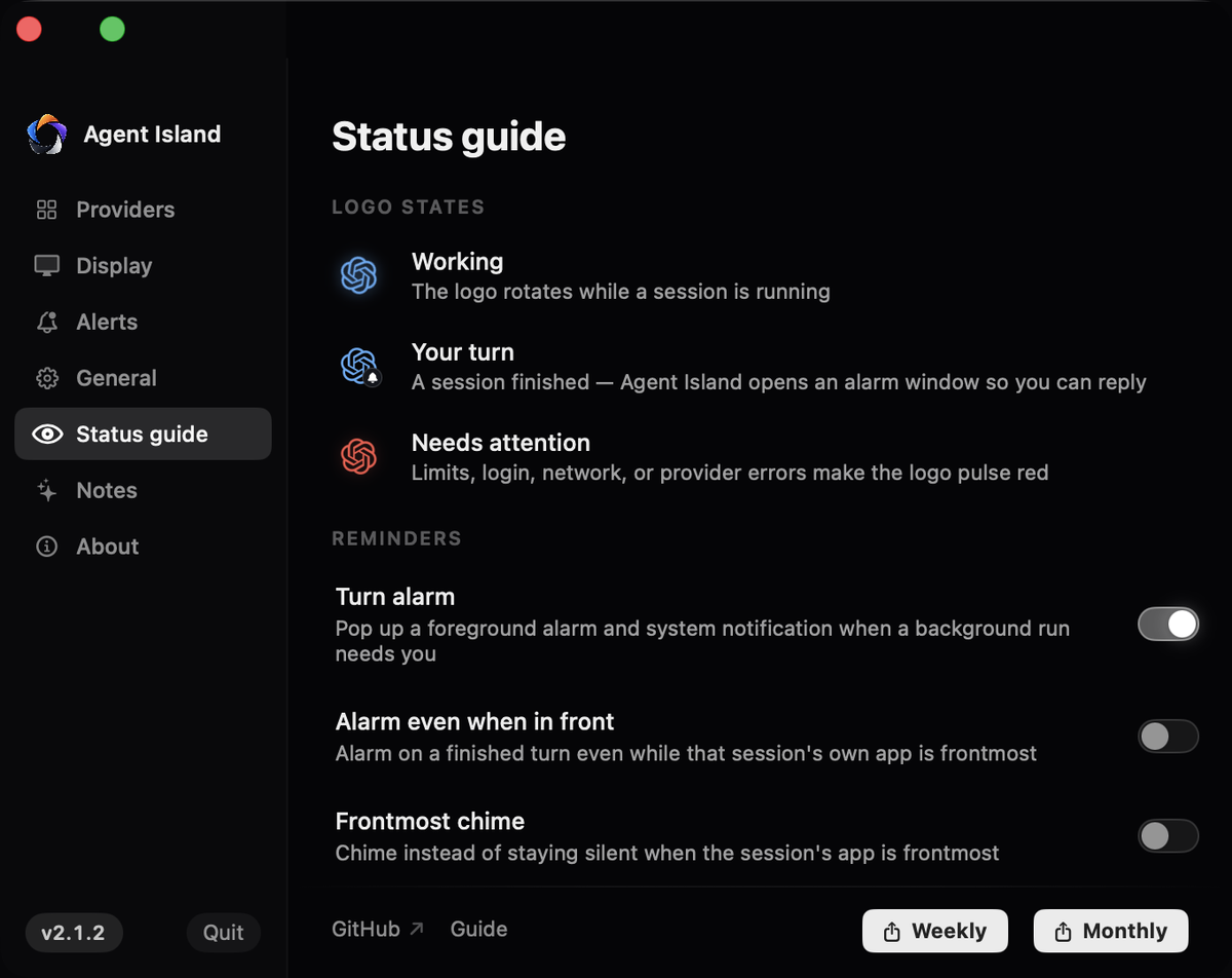 Agent Island status guide showing the three logo states